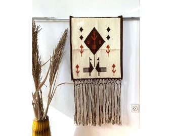 Vintage Wool Hand Woven Wall Hanging Tapestry, Scandinavian Mid Century Style Handwoven Rug Carpet, Folklore Farmhouse Tapestry