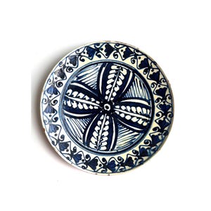 Vintage Korond Earthenware Folk Art Ceramic Handpainted Wall Hanging Plate, Traditional Transylvania Blue Floral Motif Pottery Plate