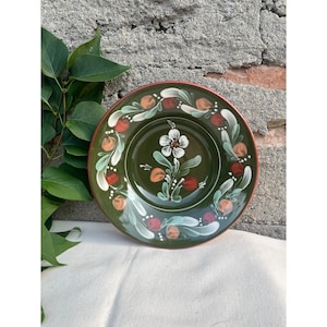 Vintage Hungarian Art Ceramic Peasant Flower Designed Folk Plate, Brown Glazed Folk Wall Hanging Ceramic, Hungary Sarospatak Folklore Plate