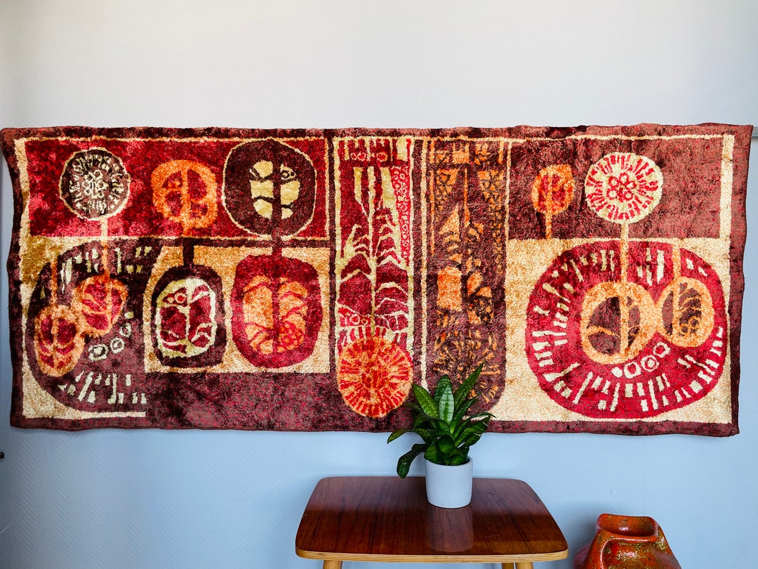 Midcentury Abstract Wall Hanging, Velvet Wall Carpet, Mid Century