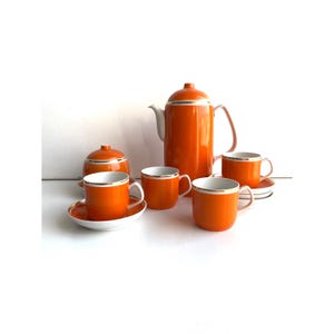 Vintage Hollohaza Porcelain Coffee Pot, Orange Sugar Bowl, Finest Hungarian Porcelain, Lidded Box, Coffee Mugs From the 70s, Coffee Set
