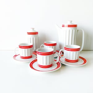 Ribbed Porcelain Coffee Set for 4, Iris Cluj Cups, Pitcher and Coffee Bowl, White and Red Coffee Pot Set, Vintage Espresso Set,