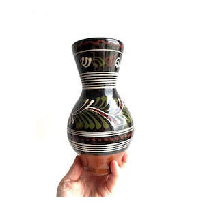 Pode incluir: Um vaso de cerâmica preto e castanho com um design decorativo. O vaso apresenta riscas horizontais brancas, padrões de folhas verdes e vermelhas e uma base castanha. O vaso é segurado por uma mão sobre um fundo branco.
