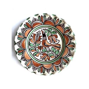 Vintage Korond Earthenware Folk Art Ceramic Handpainted Wall Hanging Plate, Traditional Transylvania Blue Green Floral Motif Pottery Plate