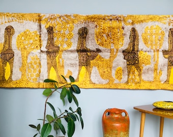 Abstracte muurkunst uit het midden van de eeuw, geel abstract wandtapijt, modern wanddecor uit het midden van de eeuw uit de jaren 60, modernistisch wandtapijt