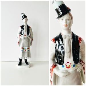 Vintage Hollohaza Hungary Porcelain Man in Folk Dress, Traditional Mens Costume, Large Figurine, Floklore Figure, Porcelain Shelf Decor,