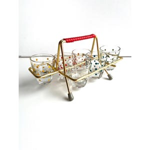 Vintage mid century color glass set in gold metal holder, Set of 6 retro glass set, bar cart decor,vintage polka dot glassware,70s tableware