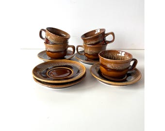 Vintage Coffee Set for 5, Cluj Napoca Romanian Tea Cups and Coasters, Vintage Espresso Set, Brown Ceramic