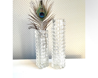 Vintage checkered clear glass vase, Transparent Narrow Glass Vases, Checkered Pattern, Geometric Glass Vases, Pressed Cubist Glass