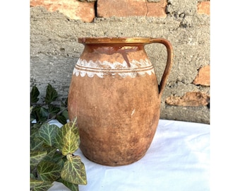 Antique Hungarian Pottery Jug, Vintage Farmhouse Crockery, Glazed Primitive Clay Pot, Wabi Sabi Stoneware Jar, Rustic Clay Pitcher