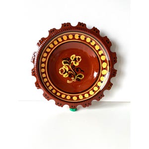 Vintage Hungarian Art Ceramic Peasant Flower Designed Folk Plate, Brown Glazed Folk Wall Hanging Ceramic, Hungary Folklore, Vintage Plate