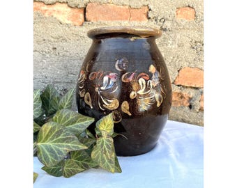 Antique Hungarian Pottery Jug, Vintage Farmhouse Crockery, Glazed Primitive Clay Pot, Wabi Sabi Stoneware Jar, Rustic Clay Pitcher