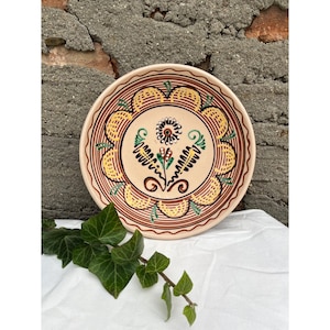 Hungarian Folk Plate, Antique Clay Plate, Vintage Ceramic Plate, Peasant Wall Plate, Hand Painted Pottery, Cottage and Farmhouse Ceramic