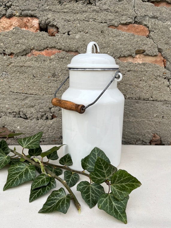 Vintage White Enamel Milk Can 50s, Storage Jar With Lid, Kitchen