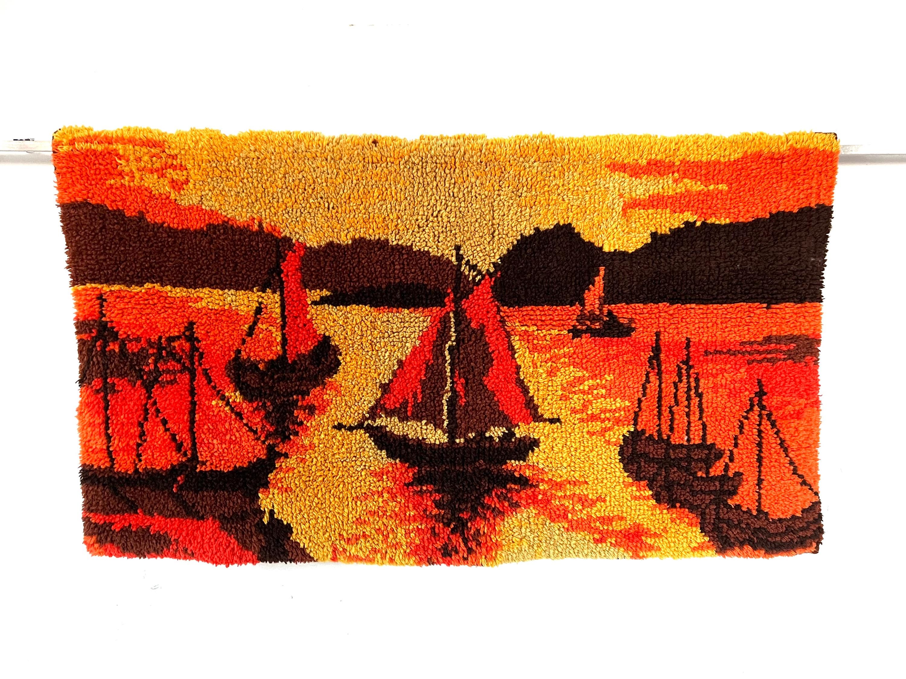 70s Rya Rug Vintage Mid Century Modern Rya Rug, Midcentury Abstract Wall Hanging ...