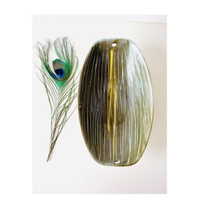 Vintage BAY Ceramic fruit bowl striped in olive green, yellow glaze – model 444 – 1950s GERMANY Mid Century