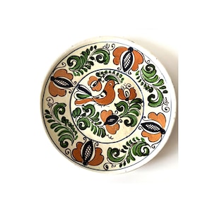 Vintage Korond Earthenware Folk Art Ceramic Pinted Wall Hanging Plate, Traditional Transylvania Bird and Floral Motif Pottery Plate