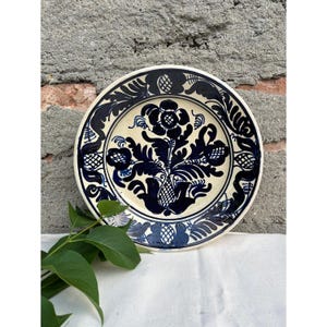 Vintage Korond Earthenware Folk Art Ceramic Handpainted Wall Hanging Plate, Traditional Transylvania Blue Floral Motif Pottery Plate