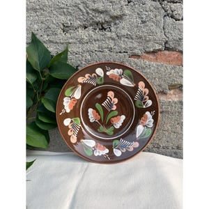 Vintage Hungarian Art Ceramic Peasant Flower Designed Folk Plate, Brown Glazed Folk Wall Hanging Ceramic, Hungary Sarospatak Folklore Plate
