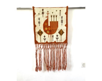 Vintage Mid Century Hand Woven Wool Tapestry From Eva Nemeth, Scandinavian Wall Hanging Rug With Peacocks, Flatweave Art Tapestry 1970s