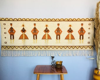Vintage wollen handgeweven wandtapijt, Scandinavische Mid Century Style Handwoven Rug Carpet, Landelijk Folk Tapestry, Eva Nemeth Design