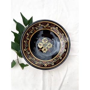 Vintage Hungarian Art Ceramic Peasant Flower Designed Folk Plate, Black Glazed Folk Wall Hanging Ceramic, Hungary Folklore, Vintage Plate