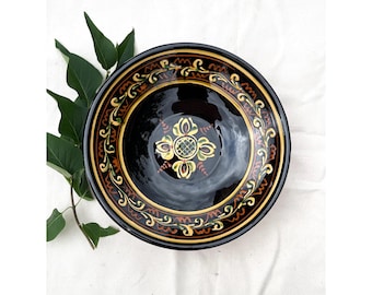 Vintage Hungarian Art Ceramic Peasant Flower Designed Folk Plate, Black Glazed Folk Wall Hanging Ceramic, Hungary Folklore, Vintage Plate