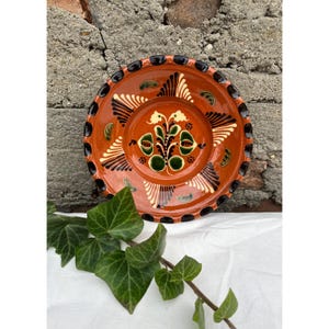 Vintage Hungarian Art Ceramic Peasant Flower Designed Folk Plate, Brown Glazed Folk Wall Hanging Ceramic, Hungary Folklore, Vintage Plate