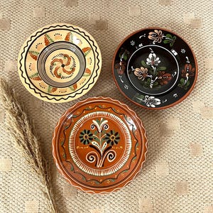 Set of 3 Vintage Hungarian Hand Painted Folk Pottery Plates, Sárospatak, Karcag & Tolna Ceramics, Rustic Wall Decor, Hungary Folklore