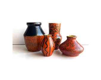 Set of 4 Vintage Mid-century Modern Hungarian Tófej Ceramic Vase Collection, Retro Orange Flower Vase, MCM Pottery Vase, Small Bud Vases