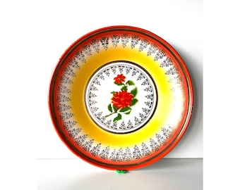 Assiette murale vintage shabby chic en émail des années 1960, bol art folklorique émaillé, plat de cuisine de ferme, motif floral, bol à fruits émaillé