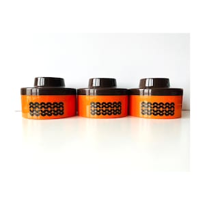 Set 3 Vintage Orange Plastic Container, Mid Century Geometric Design Plastic Box with Lid, 70s Orange Box with Flowers,Kitchen Sugar Holder