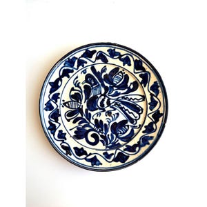 Vintage Korond Earthenware Folk Art Ceramic Handpainted Wall Hanging Plate, Traditional Transylvania Blue Floral Motif Pottery Plate