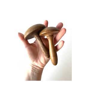 May include: Two wooden mushroom-shaped tools with brown wood grain. The tools have a rounded top and a long, slender stem.