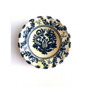 Vintage Korond Earthenware Folk Art Ceramic Handpainted Wall Hanging Bowl, Traditional Transylvania Blue Floral Motif Pottery Plate