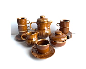 Vintage Germany tea or coffee set by Colditz. Made in GDR (Germany) 70s Vintage German Tea Cups and Coasters Espresso Set, Brown Ceramic