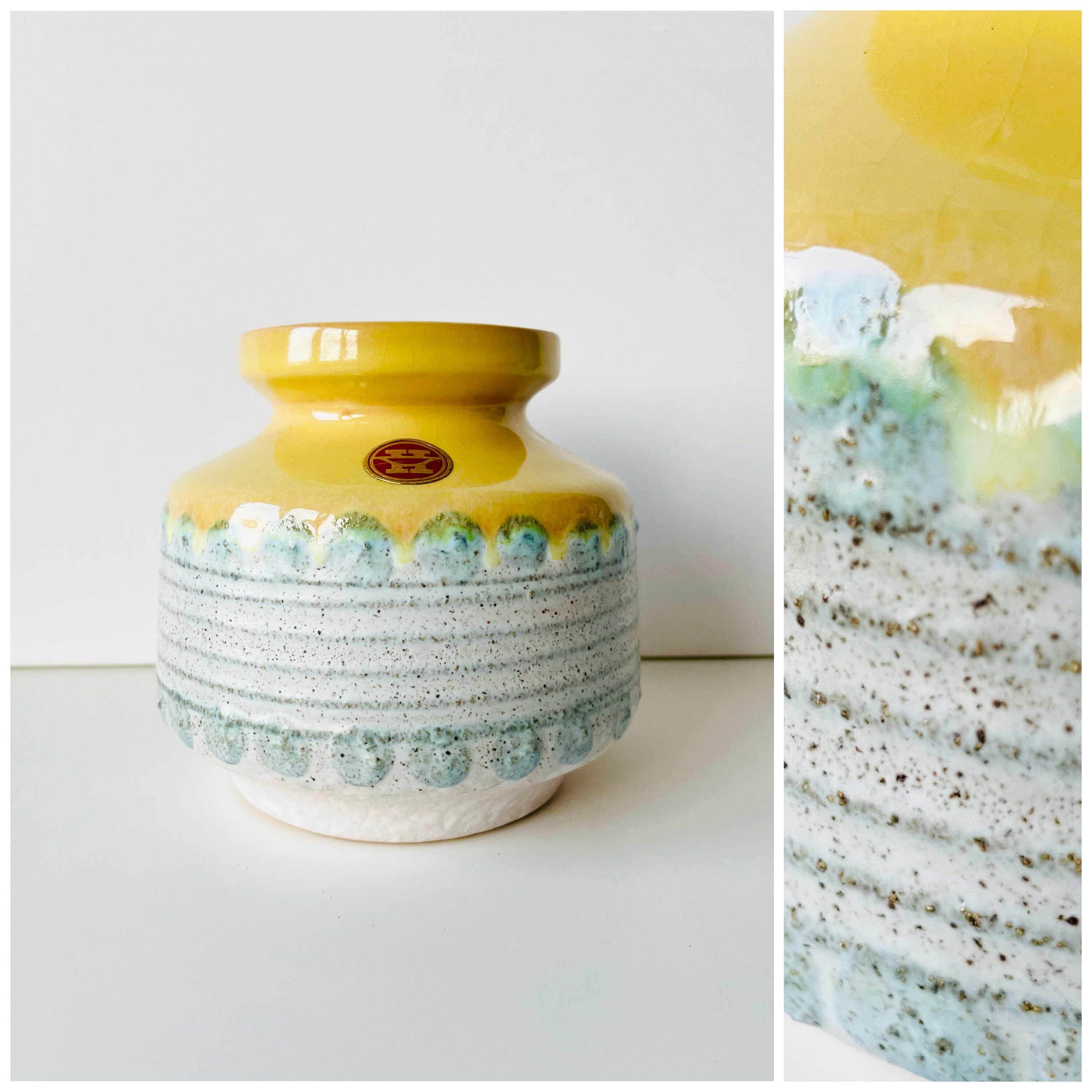 VEB Haldensleben Ceramic Fat Lava Vase Number 3048, Blue Yellow