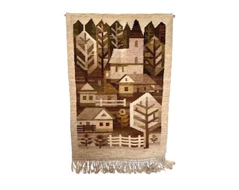 Vintage Wool Hand Woven Wall Hanging Tapestry, Scandinavian Mid Century Style Handwoven Rug Carpet, Rural Folk Tapestry, Eva Nemeth Design