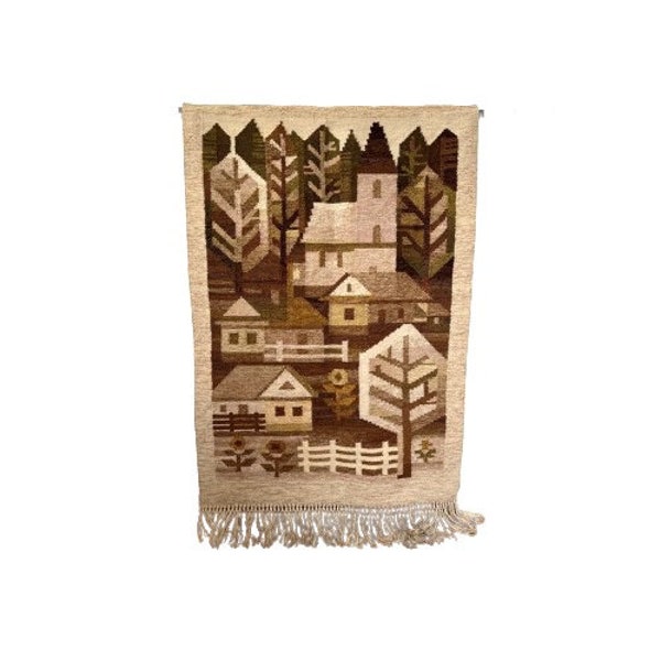Vintage Wool Hand Woven Wall Hanging Tapestry, Scandinavian Mid Century Style Handwoven Rug Carpet, Rural Folk Tapestry, Eva Nemeth Design