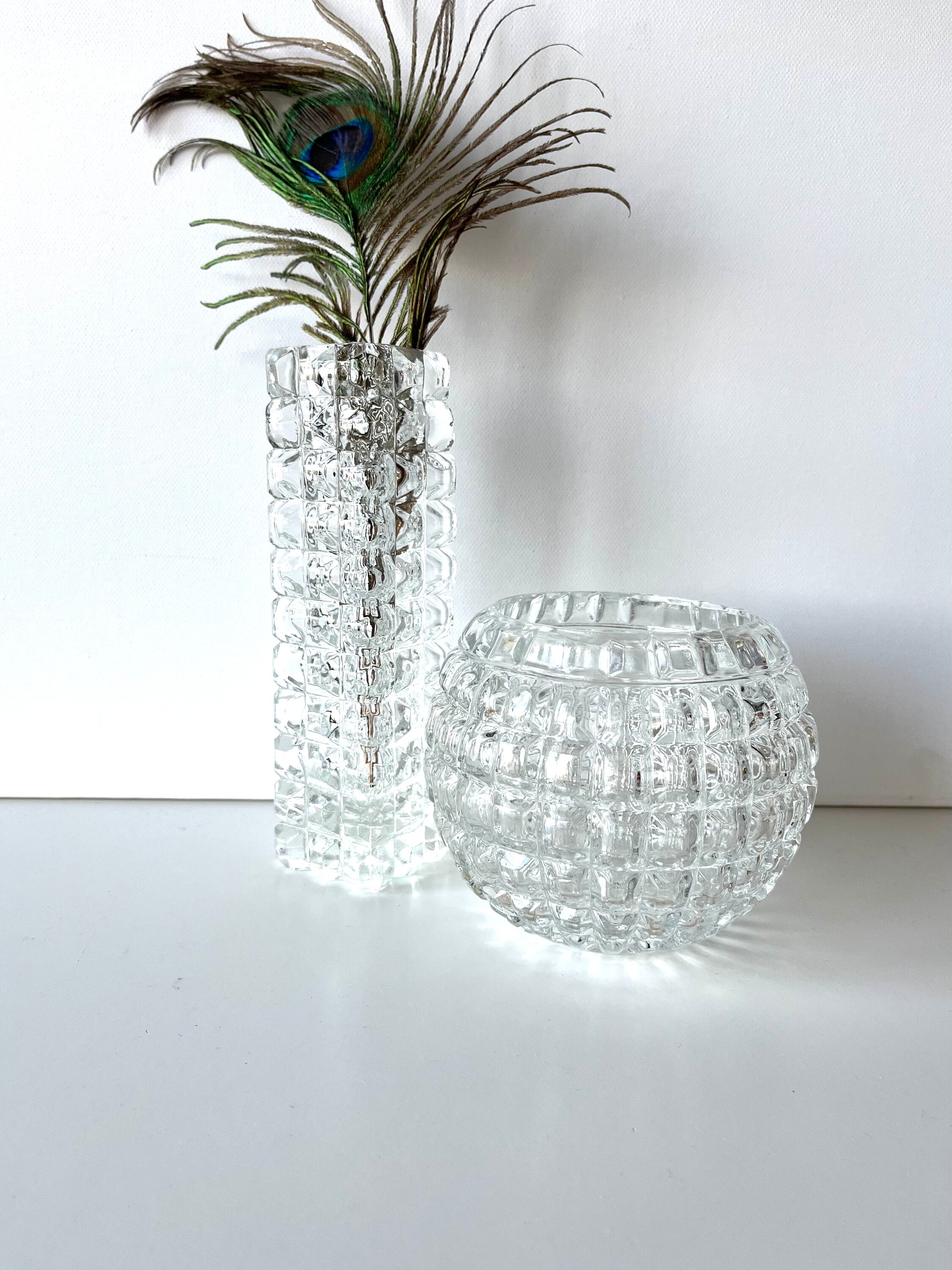 チェック柄ガラス花瓶 ヴィンテージチェック柄透明ガラス花瓶、細長いガラス花瓶、チェック柄