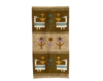 Vintage Wool Hand Woven Wall Hanging Tapestry, Scandinavian Mid Century Style Handwoven Rug Carpet, Folklore Farmhouse Tapestry