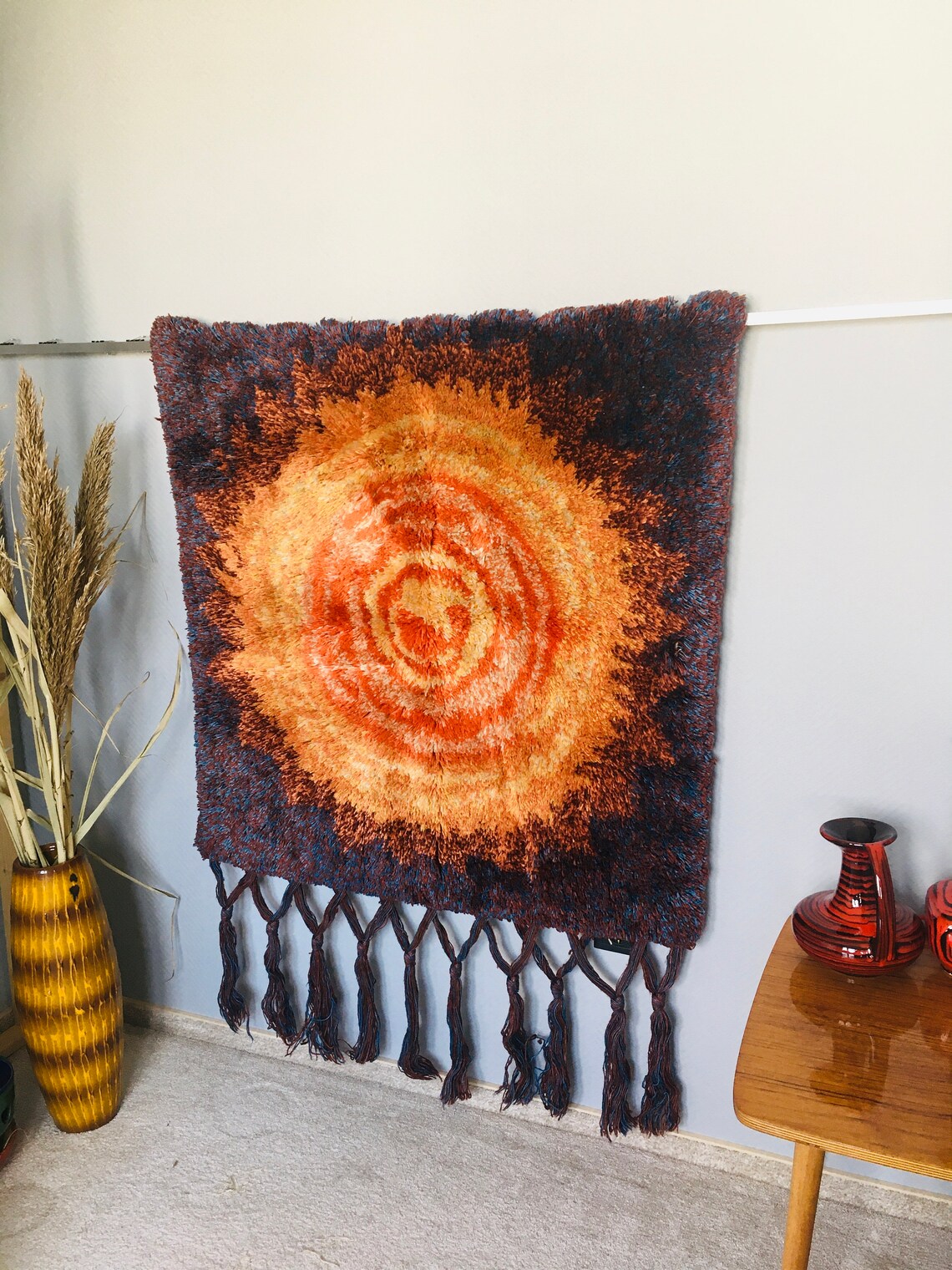 Vintage latch hook tapestry Mid century rya rug 60s Etsy
