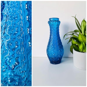 Vintage Blue Austrian Oberglas Textured Vase from 1960s, Veilglass Vase, Riven Glassart, Blue Riven Glass Vase, Midcrntury Glassware