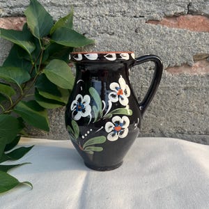 Vintage folk ceramic pitcher, handpainted clay jar, Hungarian brown glazed stoneware water jug, traditional clay pot, folk art of Hungary