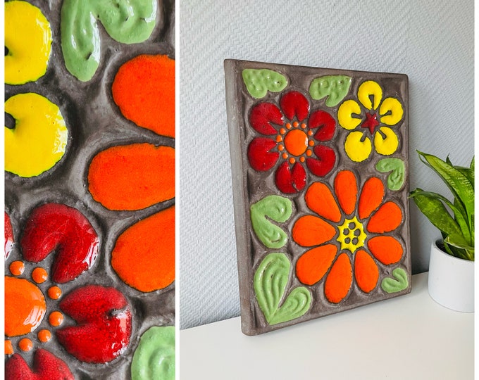 Midcentury Vintage Ceramic Wall Hanging With Flowers, Made and Designed in Hungary in 1970s