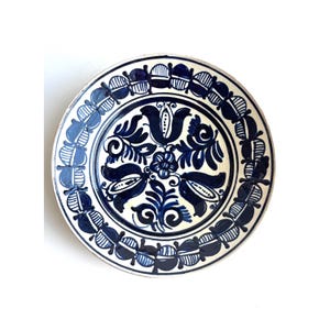 Vintage Korond Earthenware Folk Art Ceramic Handpainted Wall Hanging Plate, Traditional Transylvania Blue Floral Motif Pottery Plate