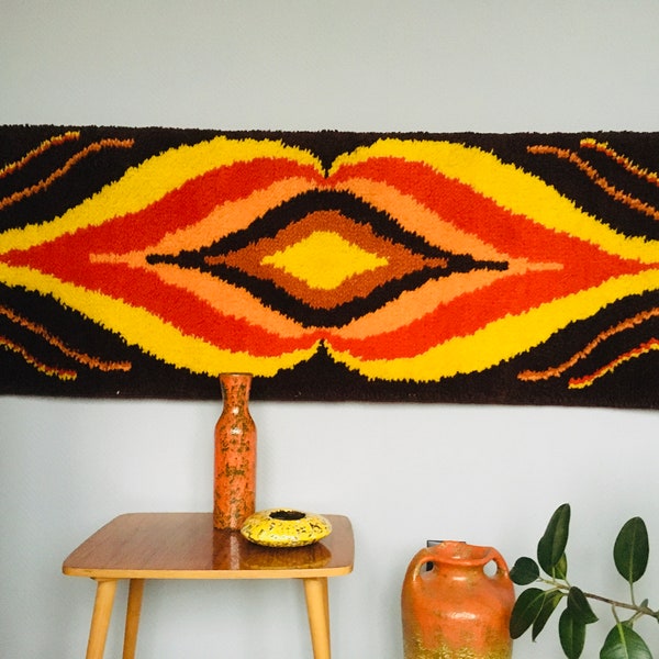 Wool  rya tapestry rug, vintage midcentury modernist rug, 1970s wall carpet, modern wall hanging, thick shag rya rug