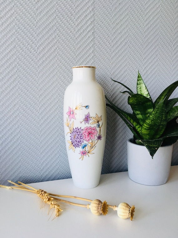 Hollóháza Hungary Porcelain Vase, Fine Porcelain White Vase Purple 