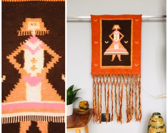 Vintage Wool Hand Woven Wall Hanging Tapestry, Scandinavian Mid Century Style Handwoven Rug Carpet,Folk Farmhouse Tapestry by Eva Nemeth