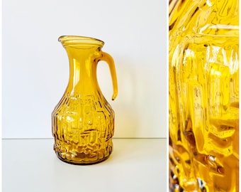 Vintage gele glazen kan, waterkan met handvat, geperst glas, vintage sapkaraf uit de jaren 80, glazen limonadekan, sapkan
